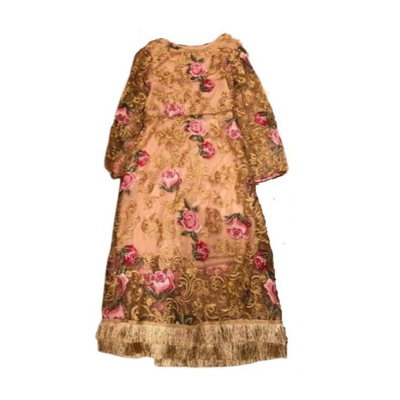 COCKTAIL EVENING WEDDING EMBROIDERED RUNWAY EMBELLISHED ROSES FRINGES GOWN DRESS - Picture 1 of 12